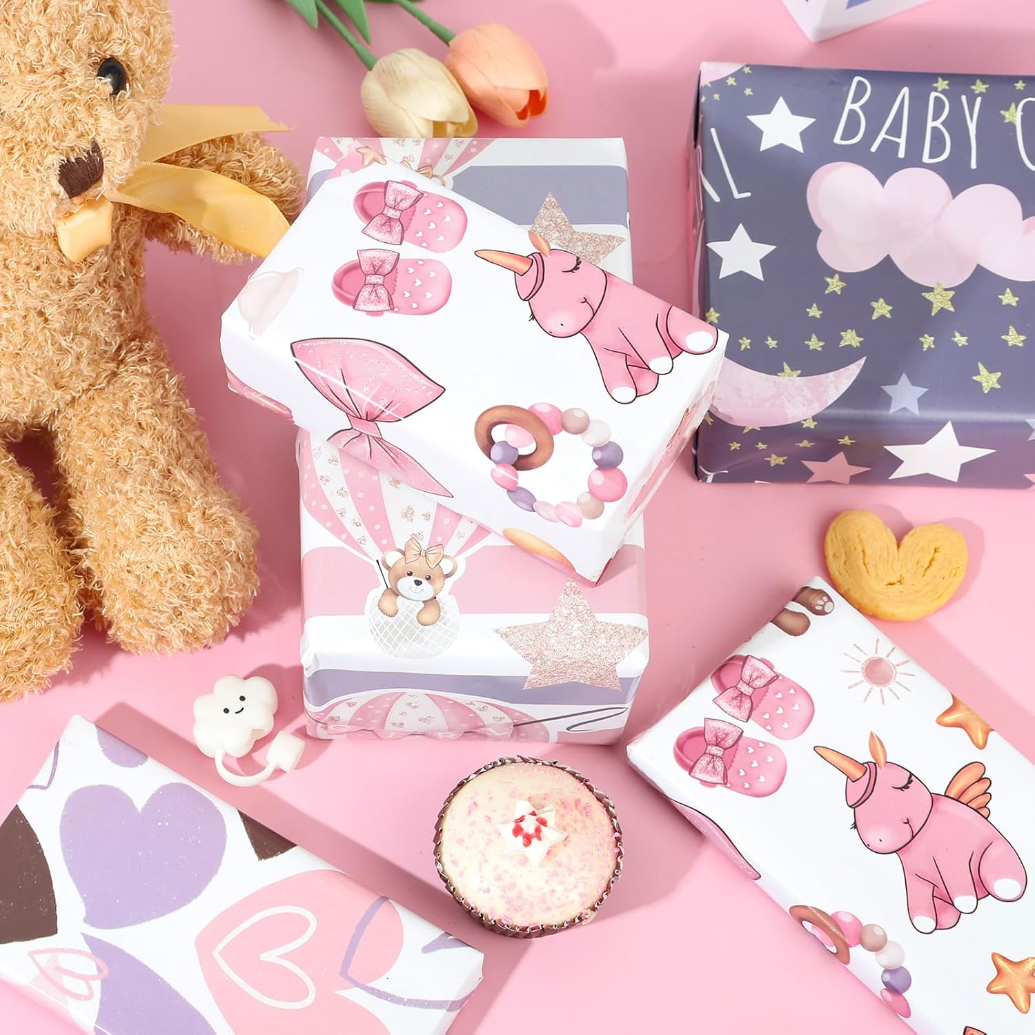 Baby Girl Wrapping Paper 8 Pc Pink Baby Moon Star Pattern For Kids Girls Baby Shower Birthday Holiday 19.6 X27.8Inch