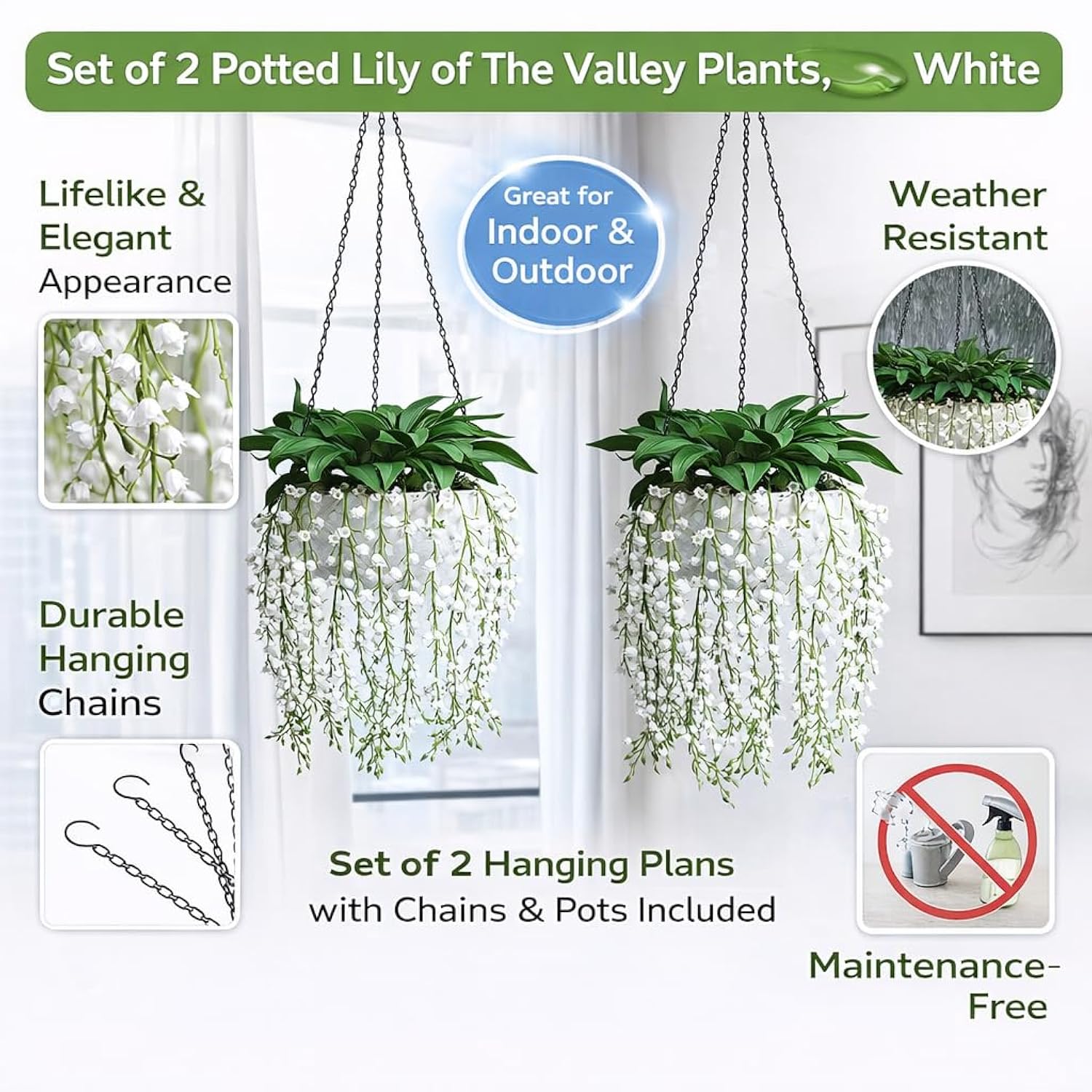 Fake Plants Lily Of The Valley, Set Of 2 Potted Lily Of The Valley Plants – Soft Green Stems With White Blooms, Elegant Fake Hanging Flowers For Home Office Balcony Patio.