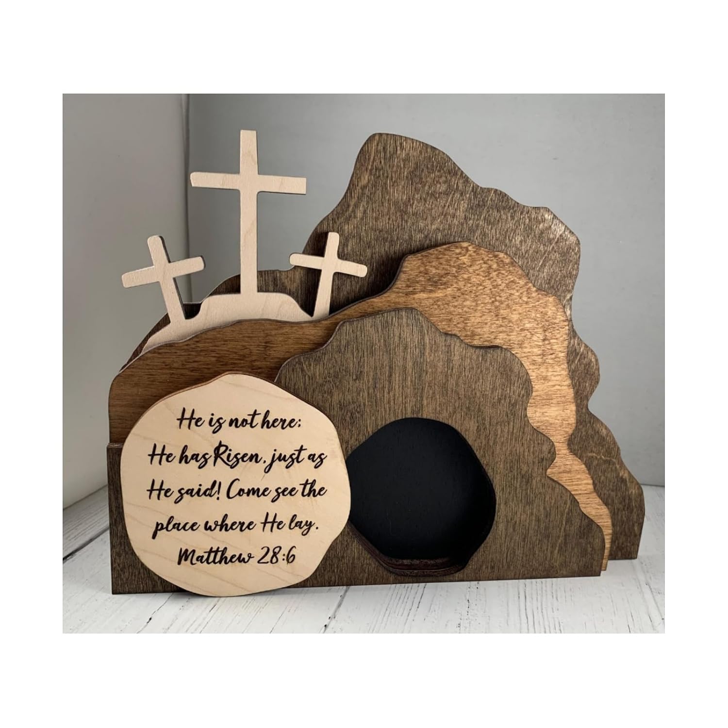 The Empty Tomb Easter Scene And Cross Decoration, He Is Risen Decor,Jesus Tomb Tray Bundle Kit, Wooden Easter Jesus Sign Tiered Tray Decorations For The Home, Tabletop, Office (Wood)