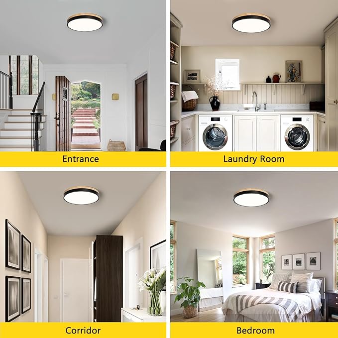 11.81 Inch Wood Black LED Ceiling Light Low Profile Flush Mount Fixture