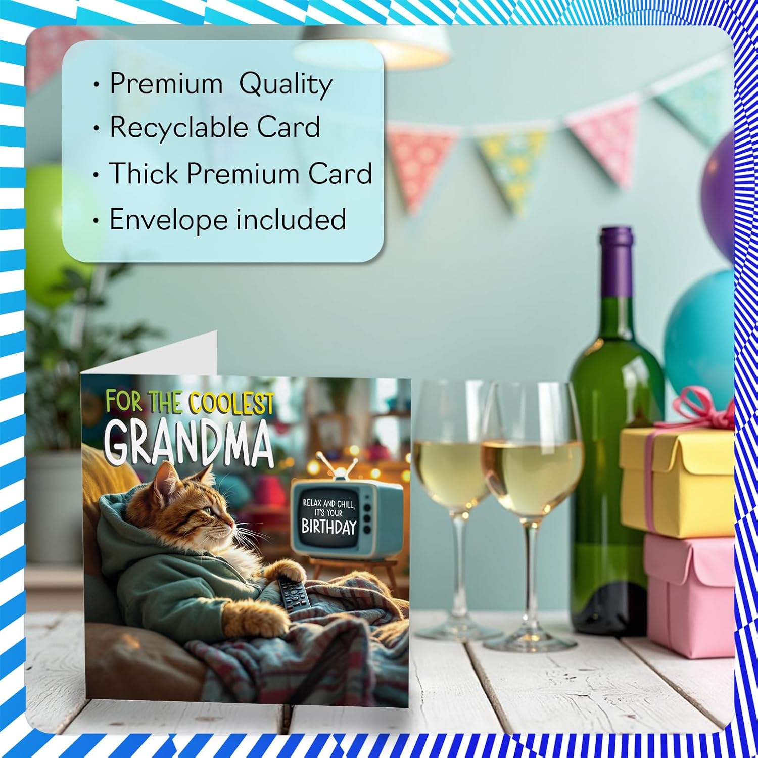 Grandma Birthday Card - Tv Cat - Happy Birthday Card For Grandma From Grandson Granddaughter, 5.7 Inch Cat Celebration Bday Greeting Cards