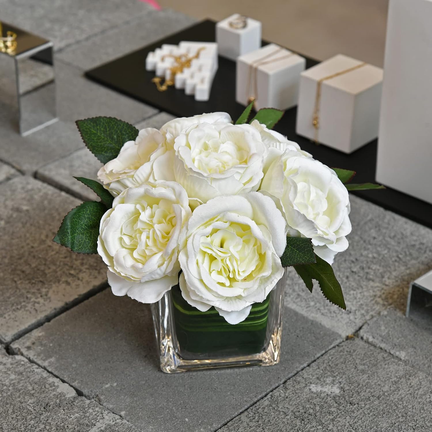 Artificial Peony Silk Flower Centerpieces Faux Floral Arrangement In Glass Vase For Home Wedding Table Decoration (Cream)