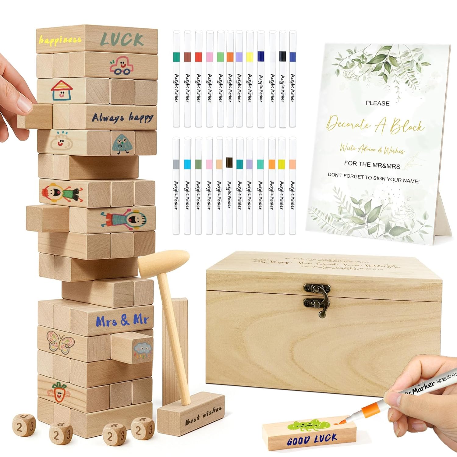 101Pcs Wedding Shower Games Blocks To Decorate Kit, Bridal Shower Game Ideas Activities For Stacking, Building & Drawing, Suitable For Bride & Groom Party Game, Anniversary, Decorations, Favors