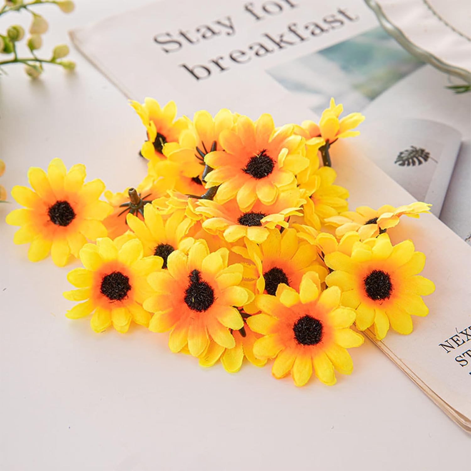 100Pcs Yellow Sun Flower Heads Decorations,Artificial Mini Daisy Decorative Flower,Sunflower Decorative Fabric Flowers,Craft Floral Embellishments For Diy Crafts Wedding Floral Arrangements