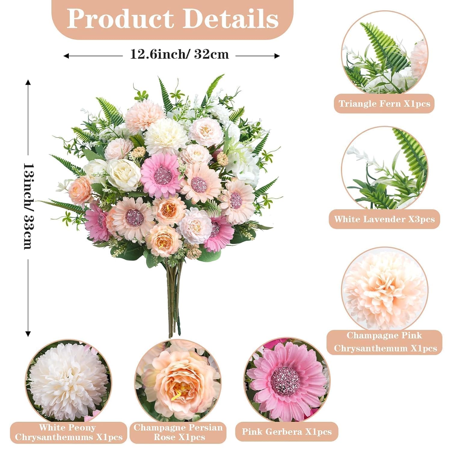 8Pcs Fake Peonies Pink Flowers Artificial Mixed Sunflowers White Roses 13 Inch Silk Flower Arrangements For Wedding Party Home Dining Table Centerpiece Decor Cemetery