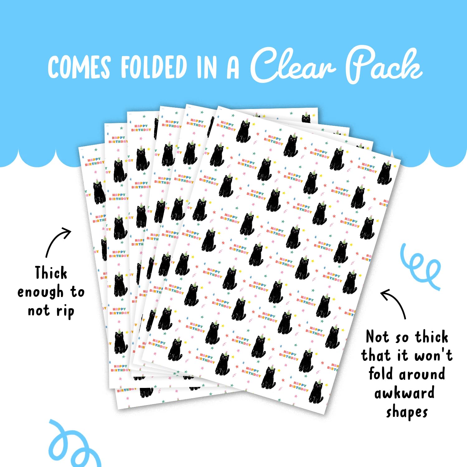 Cat Birthday Wrapping Paper - 6 Sheets Of Gift Wrap - Black Cats - Happy Birthday Text - White Gift Wrapping Paper For Men Women - Recyclable
