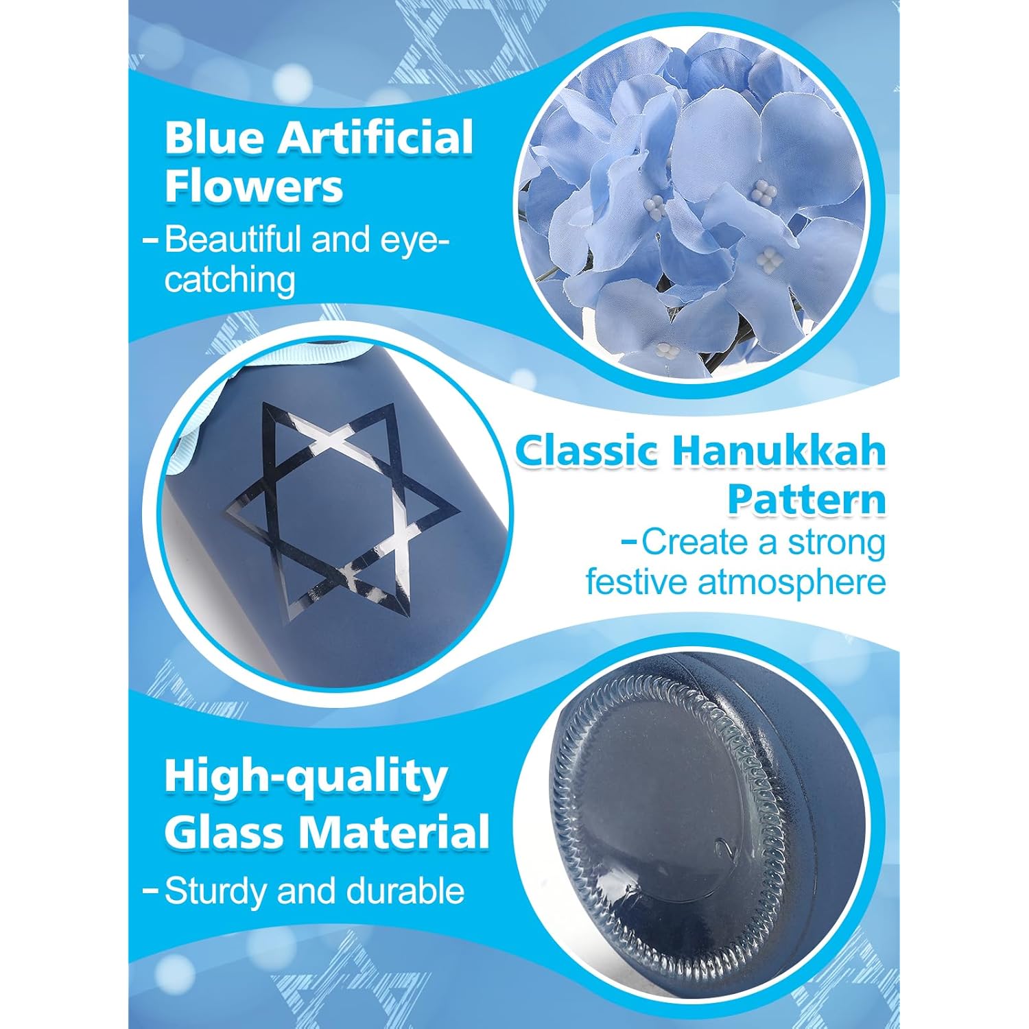 Hanukkah Mason Jars With Blue Flowers & 4 Led Candle Lights - Hanukkah Decorations For Table Centerpiece Home Living Room Bedroom Party Chanukah Gifts, 2 Sets