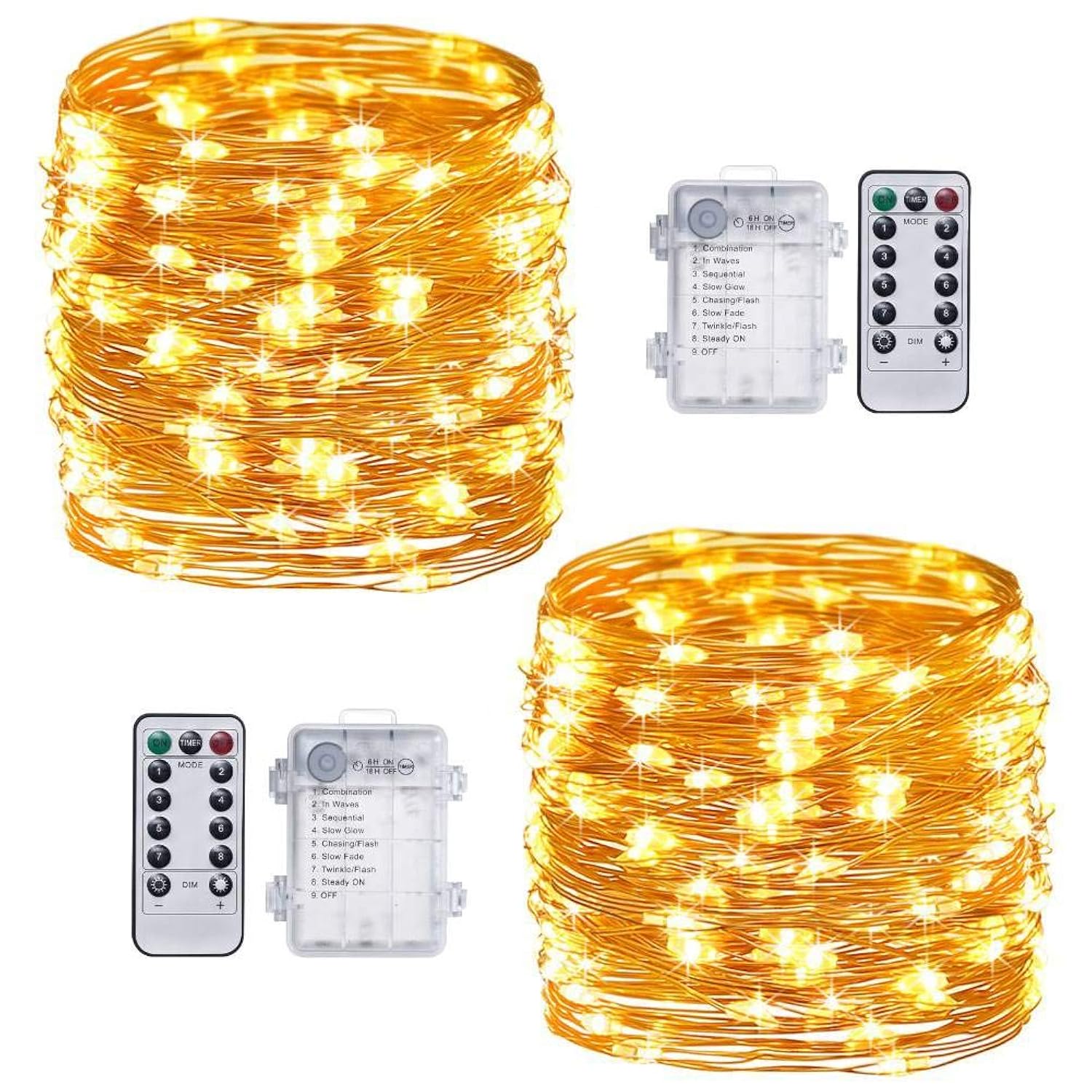 Warm White Fairy Lights Battery Operated With Remote, 2Pack 33Ft 100 Led Outdoor String Lights Control Timer, Waterproof