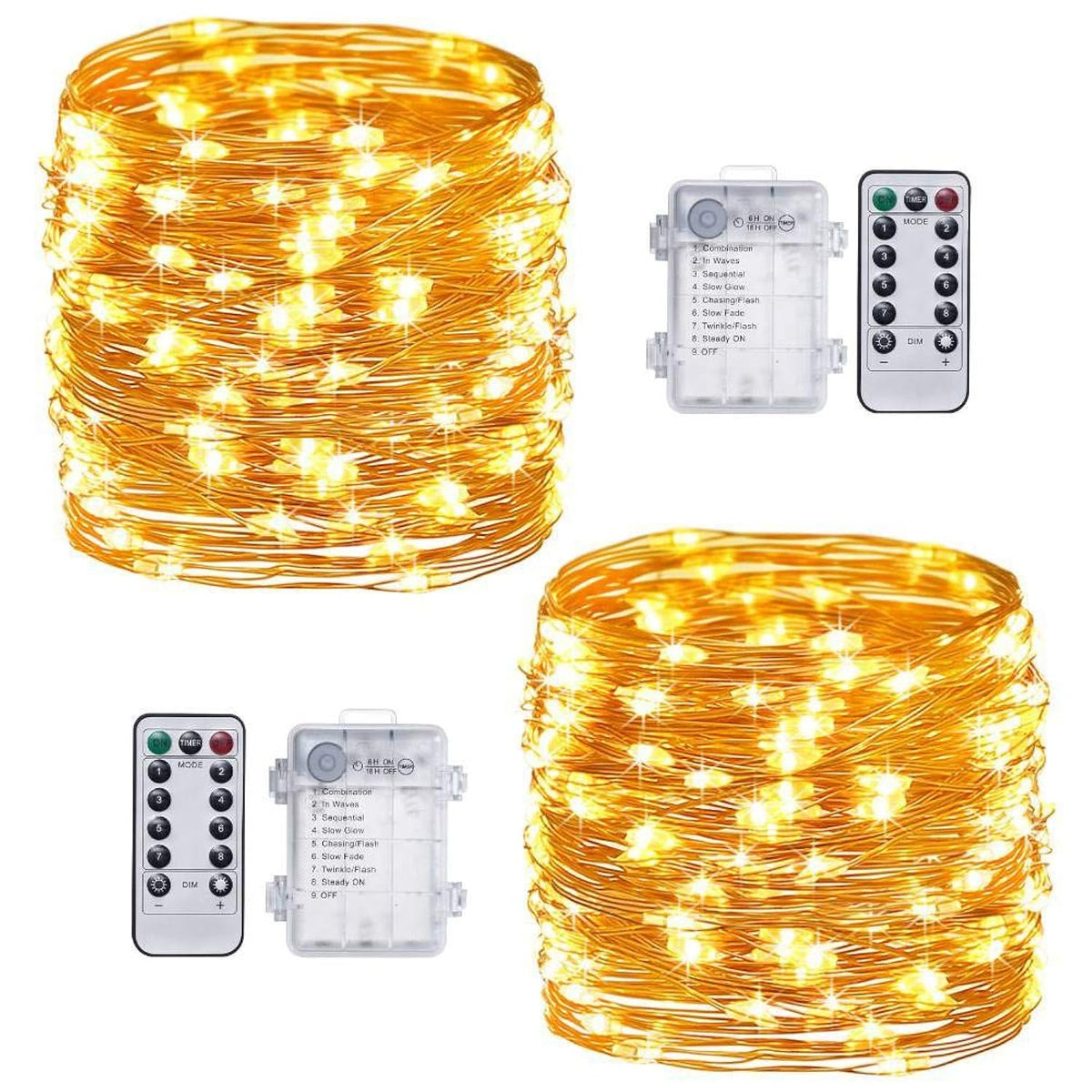 Warm White Fairy Lights Battery Operated With Remote, 2Pack 33Ft 100 Led Outdoor String Lights Control Timer, Waterproof