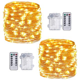Warm White Fairy Lights Battery Operated With Remote, 2Pack 33Ft 100 Led Outdoor String Lights Control Timer, Waterproof