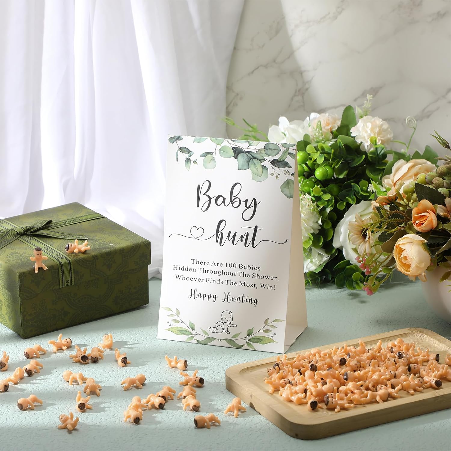 101 Pcs Baby Shower Game Set Include 1 Paperboard Hunt Sign 100 Mini Plastic Babies Tabletop Sign Tiny Babies Funny Baby Shower Prizes For Gender Reveal Party Favors
