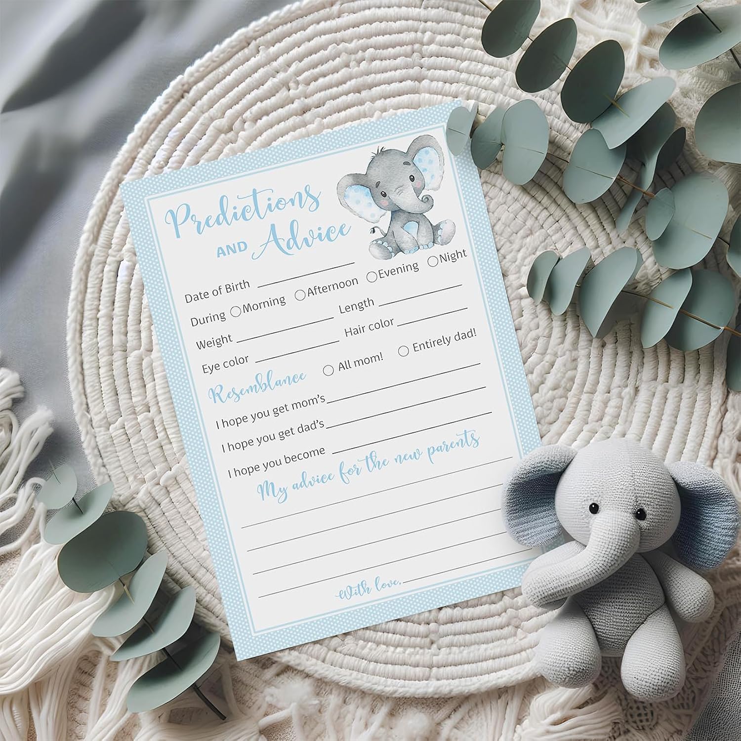 Blue Elephant Prediction And Advice Cards - Pack Of 25 - Boy Baby Shower Games, New Parents, Mom & Dad To Be, Mommy & Daddy Message, Couples Coed Shower Activity Keepsake Book Blue Polka Dot G501-Pdav