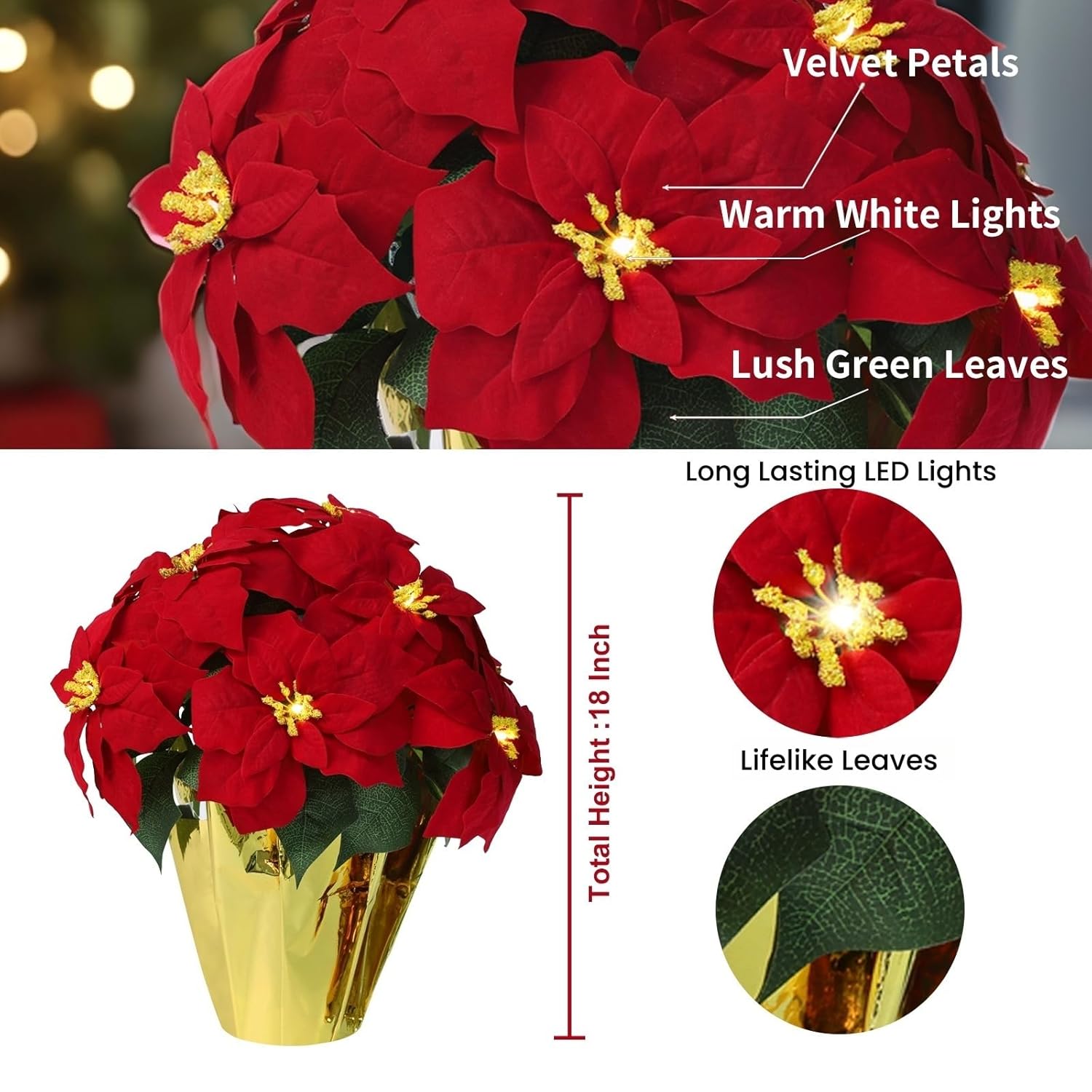 2 Pack 18" Lighted Large Artificial Poinsettias For Outdoors Led Poinsettia Flowers Artificial Faux Poinsettia Plants Poinsettia Christmas Decorations For Office Home Kitchen Decor