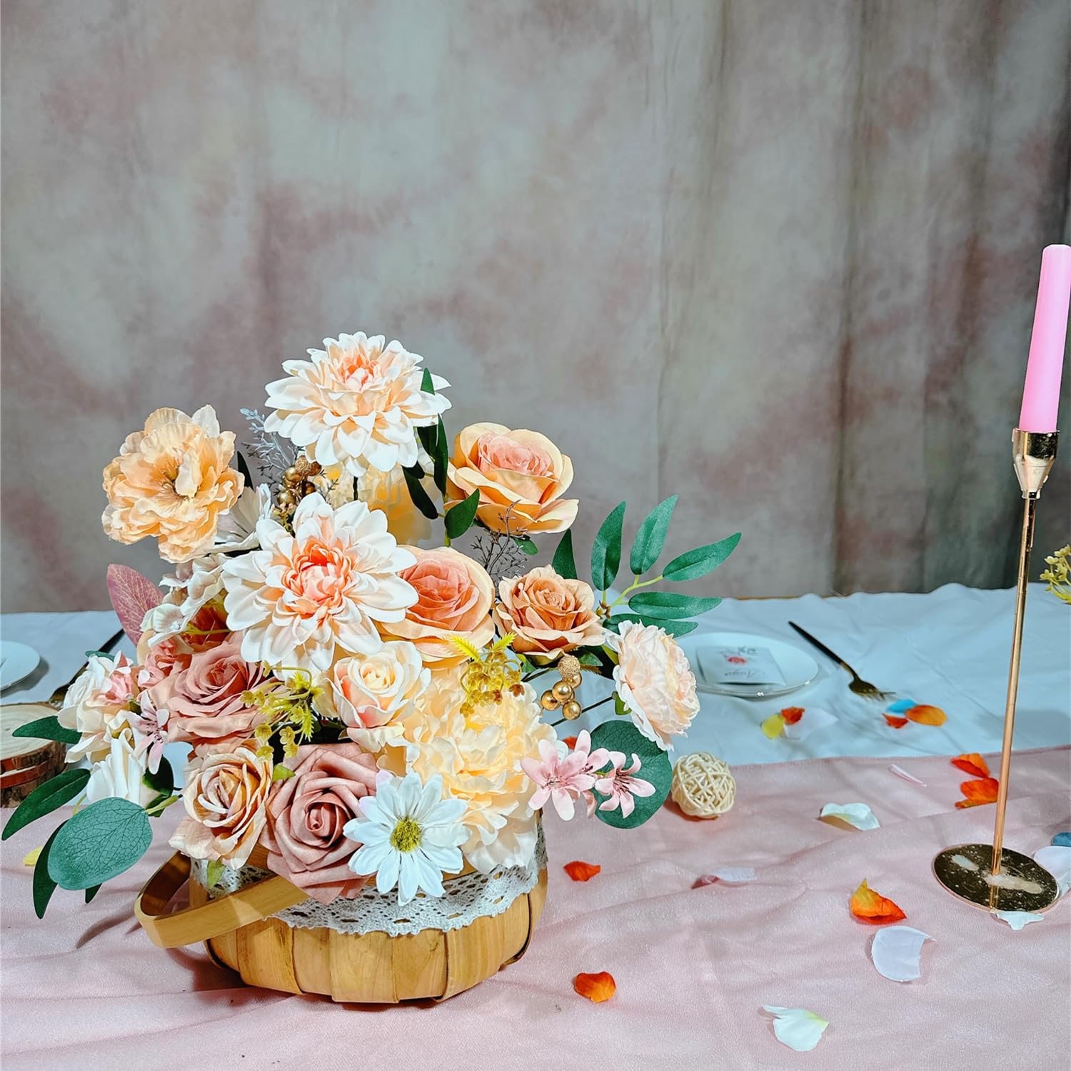 Artificial Flowers Combo Box Set 35Pcs Silk Champagne Fake Rose, Peonies With Stem For Diy Wedding Cake Arch Bouquets Baby Bridal Shower Centerpieces Party Wall Home Decorations