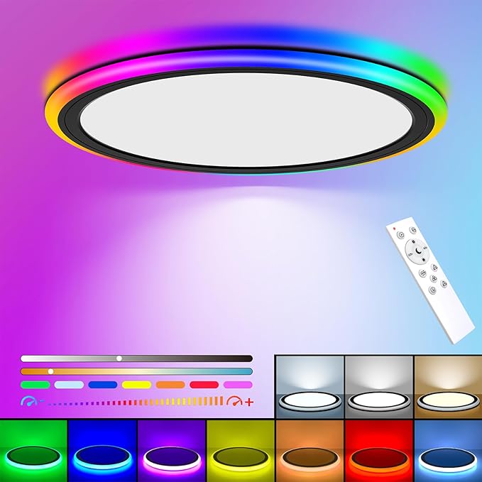 13 Inch LED Ceiling Light with Remote Color Changing Black Flush Mount Fixture