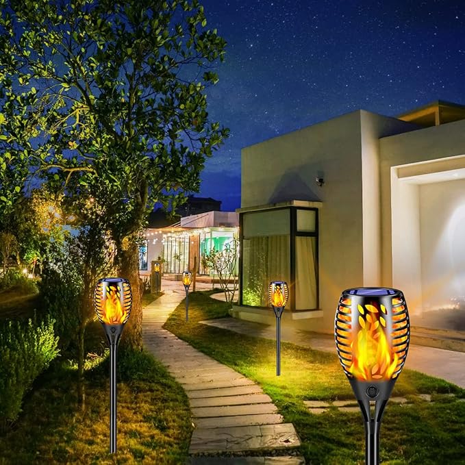 8 Pack Solar Flame Torch Lights Waterproof Flickering Flame Garden Patio Yard Landscape Lights