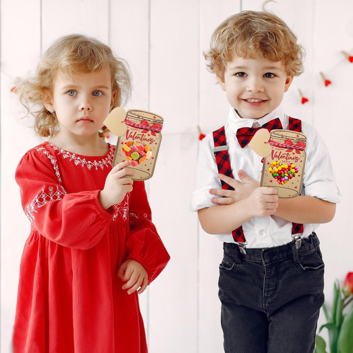 48Pcs Valentines Cards For Kids Mason Jar Happy Valentines Day Cards Candy Holder Card Bulk Valentine Candy Bag Jar Valentine'S Day Paper Jar For Classroom Exchange Party Favors(Candy Not Included)