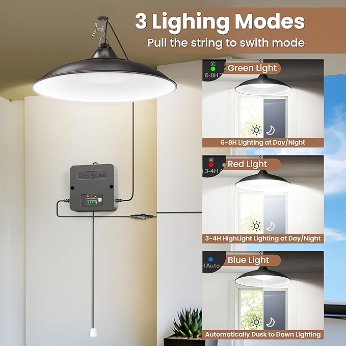 Solar Shed Light Indoor Outdoor 2000LM Pendant Light with Pull String Dusk to Dawn IP65 Waterproof