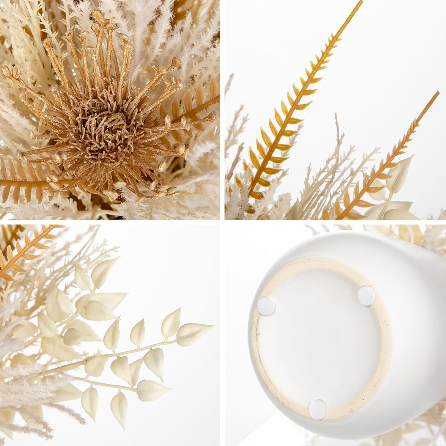 Faux Pampas Grass With Vase, Artificial Pampas Grass Flowers Bouquet Plant Fluffy Boho Home Decor Fake Pompass Pompous Grass Floral Arrangement For Wedding Party Table Room Decorations White