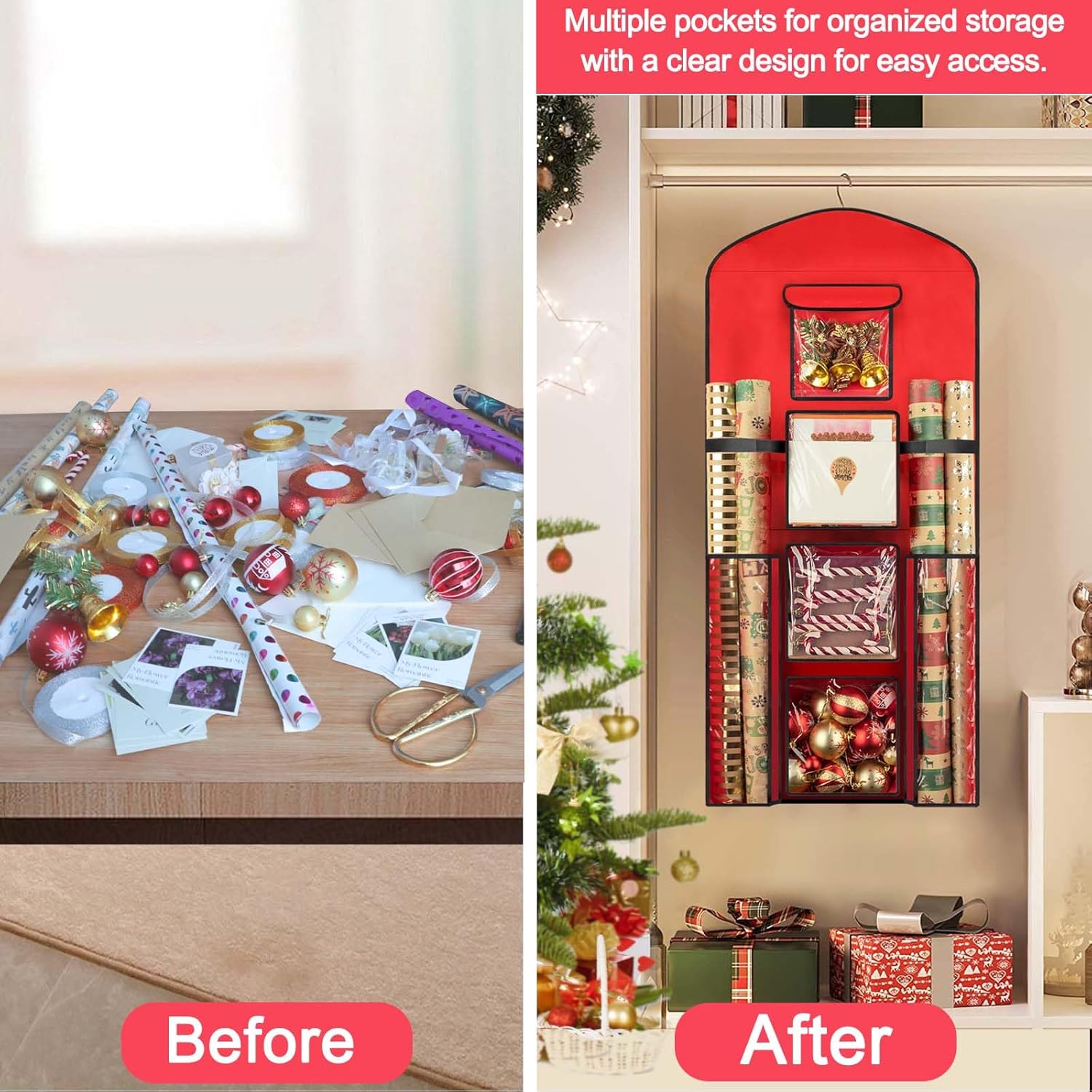 Hanging Gift Wrapping Paper Storage, 40"X17" Red Double-Sided Christmas Wrapper Bag Container, Oxford Craft Roll Organizer, Present Wrap Holder For Bedroom Closet, Door, Cabinet