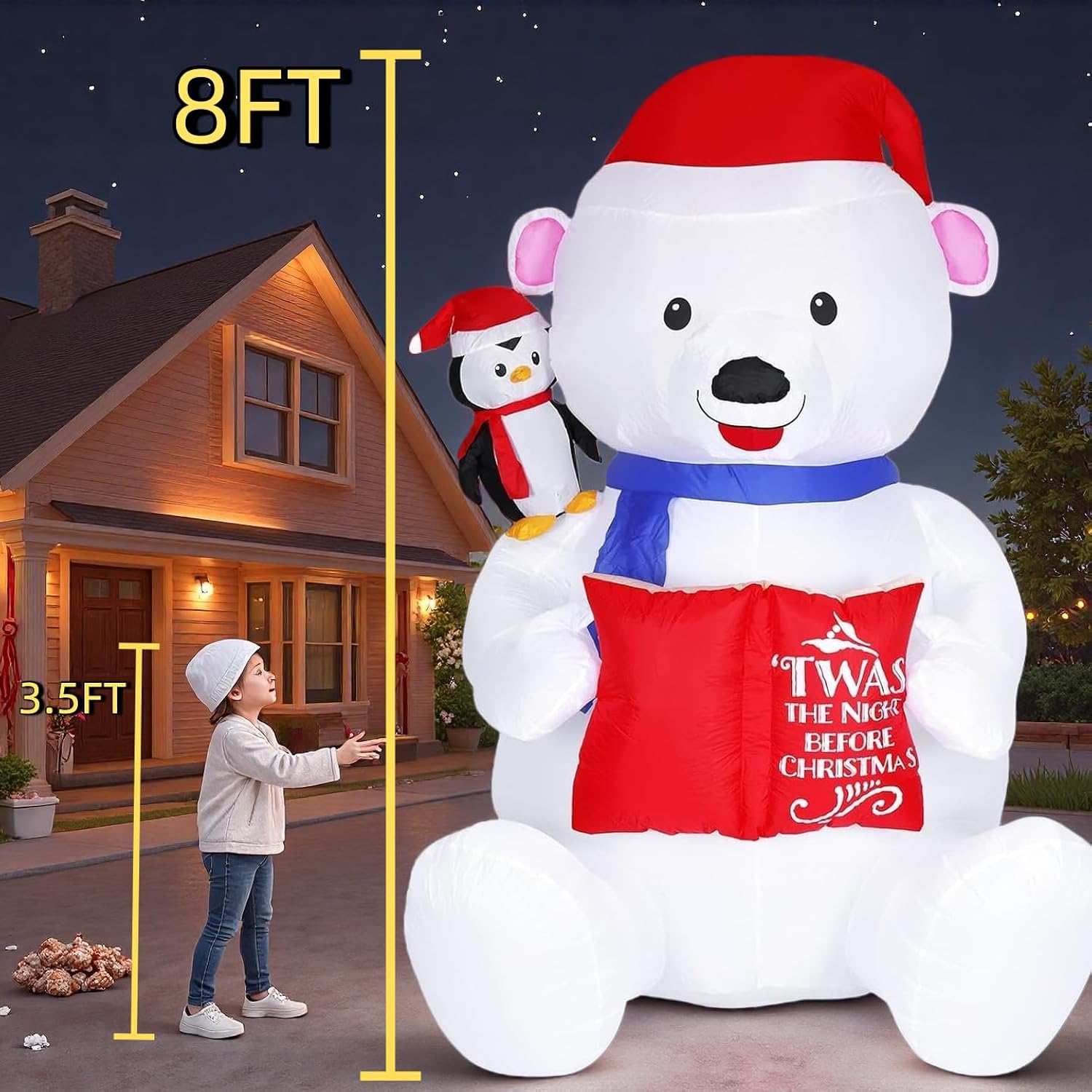 8Ft Giant Christmas Inflatable Polar Bear With Penguin Decoration, Led Light Up & Built-In Speaker, Blow Up Outdoor Indo