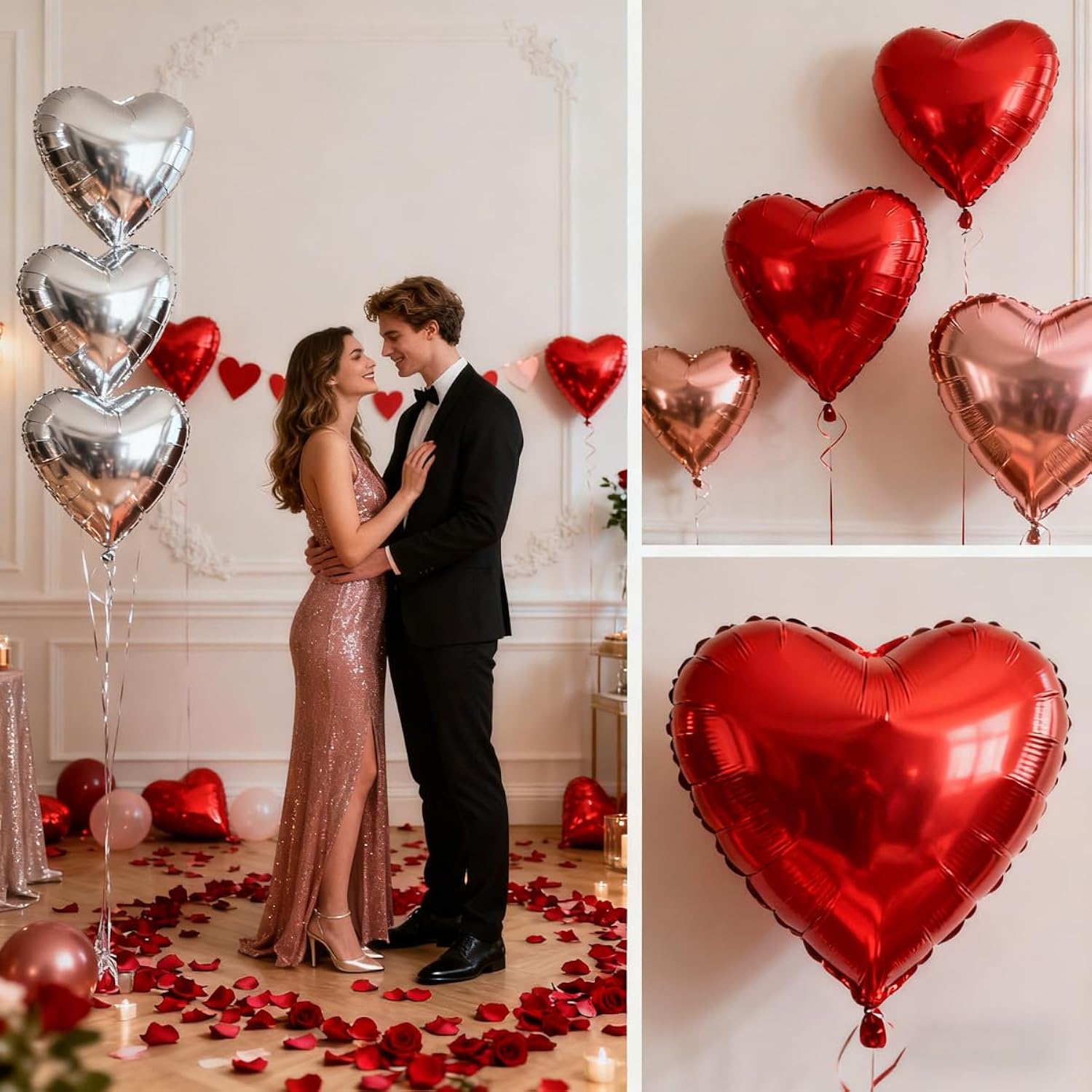 Heart Balloons Pack Of 12 - Red Heart Balloon Rose Gold Balloon Silver Ballons Heart Shaped Balloons For Valentines Day Wedding Engagement Anniversary Party Decorations