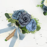 Set Of 4 Bridesmaid Bouquets For Wedding - Artificial Flowers Bouquets For Bridesmaids Small Floral Ceremony Anniversary Centerpieces Decorations - Dusty Blue And White?7 Inch