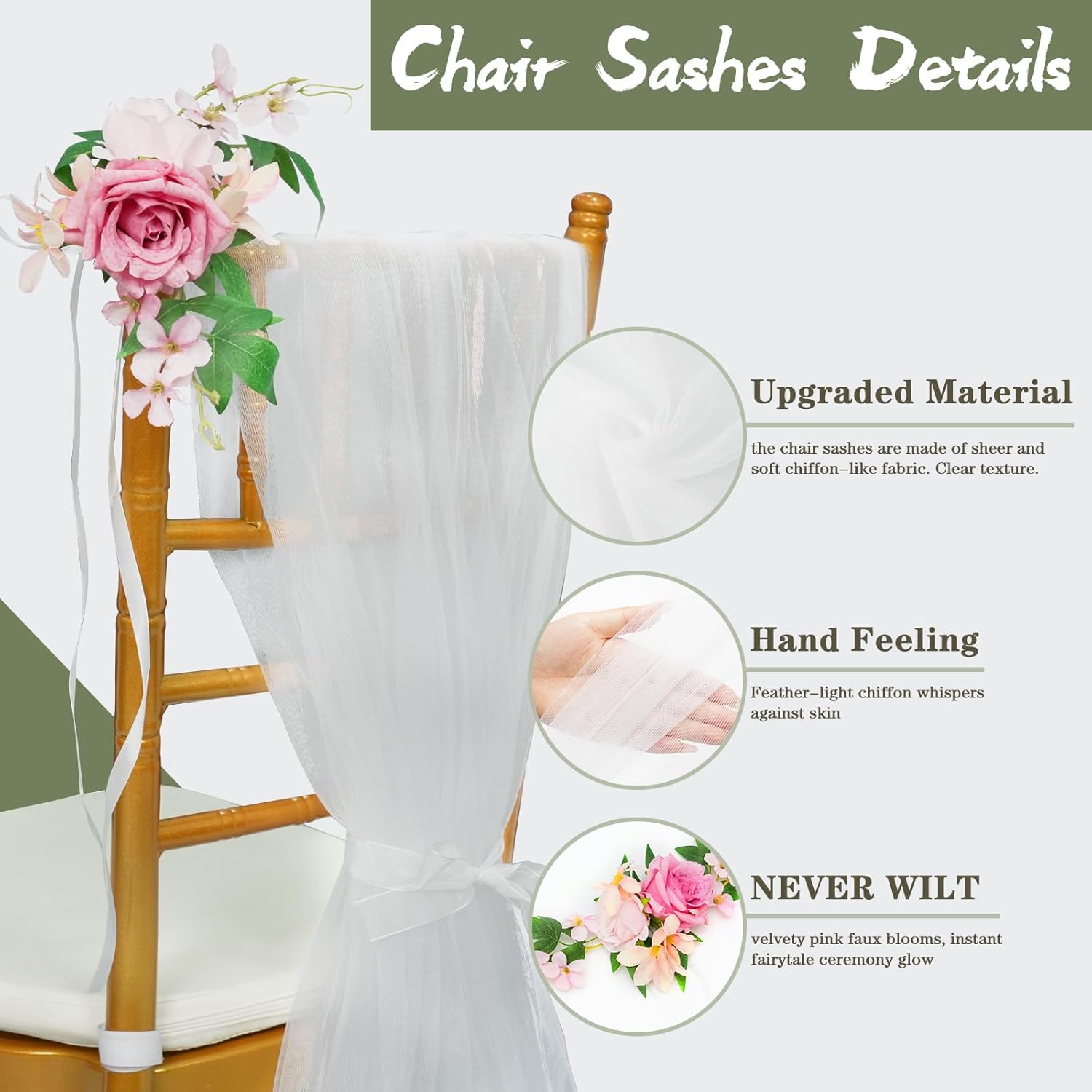 White Chair Sashes With Artificial Flower For Wedding Aisle Decorations,4Pack 6.56 Ft Chiffon Long Chair Draping Fabric Fit To Wedding Aisle Decorations,Rreceptions, Banquets, Churches