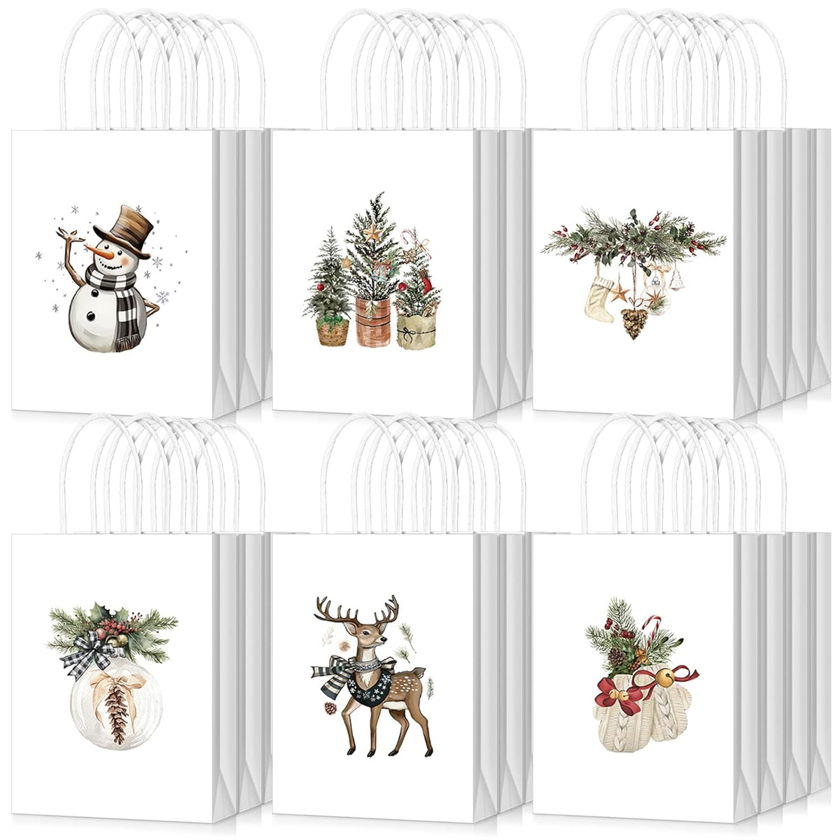 24 Pack Modern Rustic Christmas Gift Bags With Handle Boho Watercolor Christmas Small Paper Gift Wrapping Bags For Xmas, Winter Weddings, Birthdays