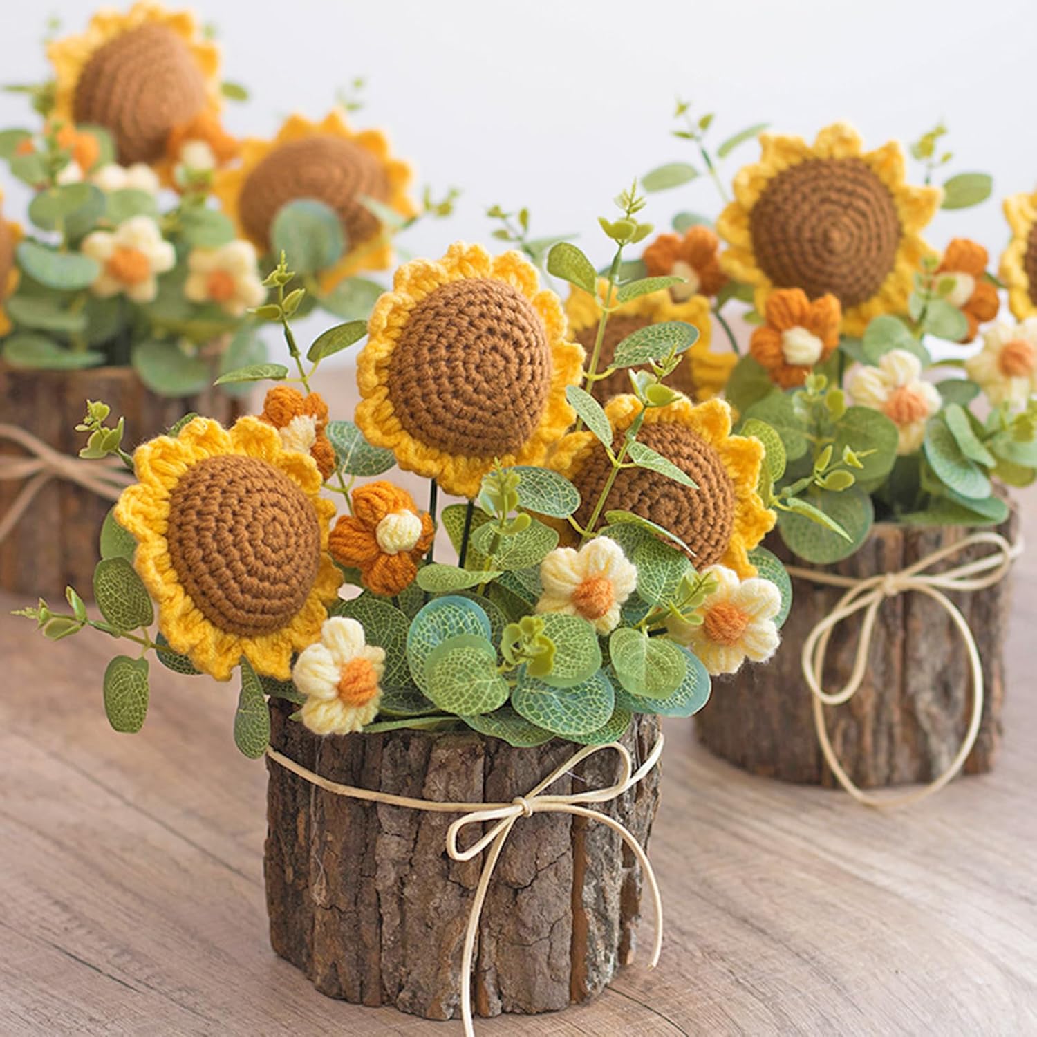 Handmade Crochet Sunflower Flower In Wooden Pot, Knit Plants Home Decor For Desk, Office, Gift (3 Sunflower)