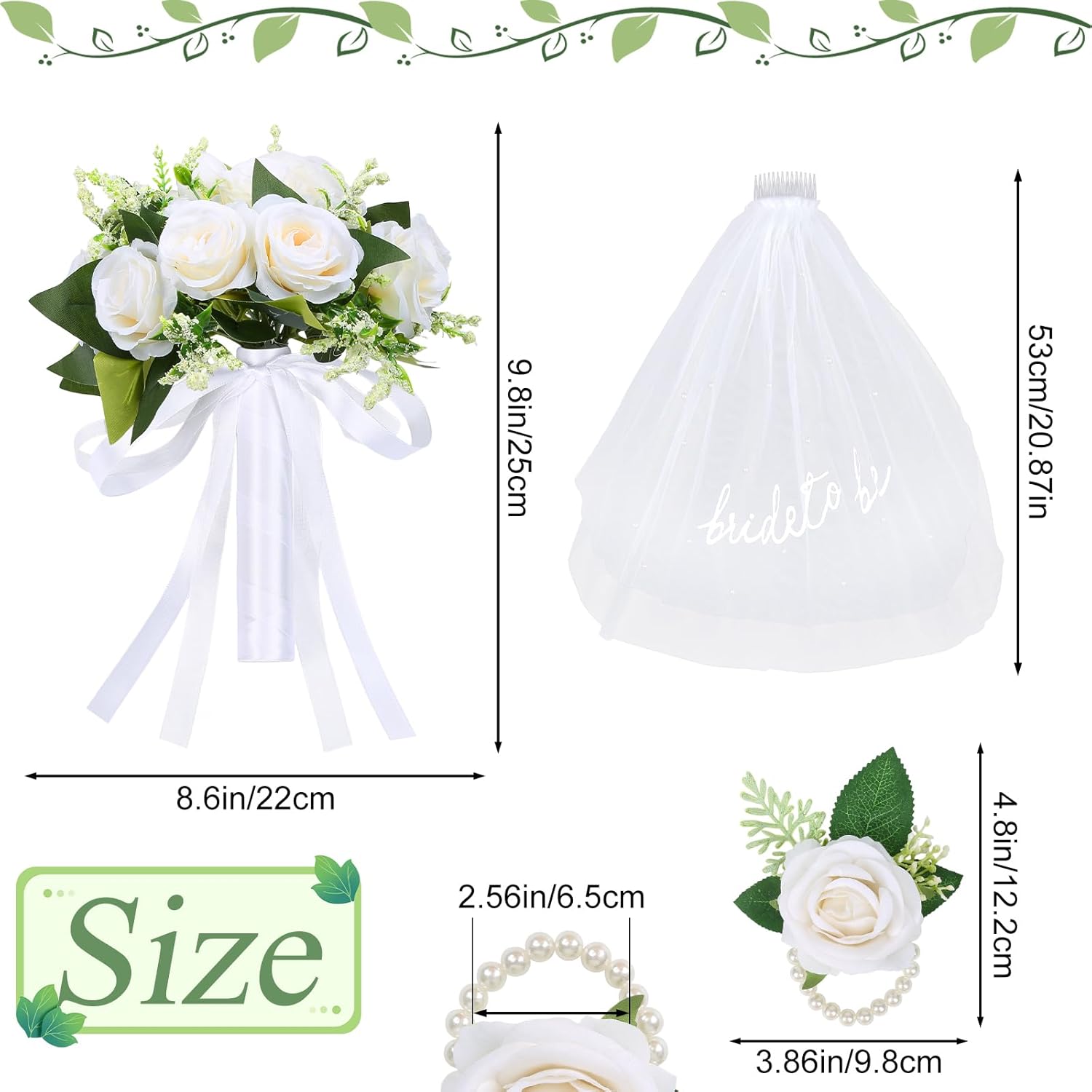Wedding Bouquets For Bride Bridesmaid With Bride To Be Veil And Wrist Corsage, White Artificial Roses Flowers Bridal Accessories For Wedding Marriage Proposal Church Decoration (8.6In)