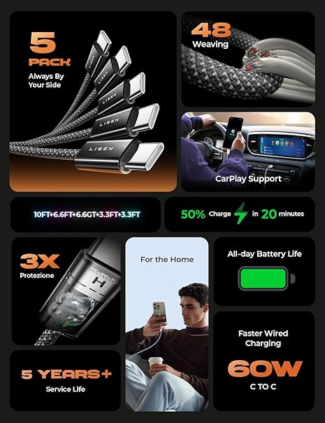 5 Pack USB C to USB C Fast Charging Cables 60W 3.3FT 6.6FT 10FT for iPhone 17 16 15 Galaxy S25