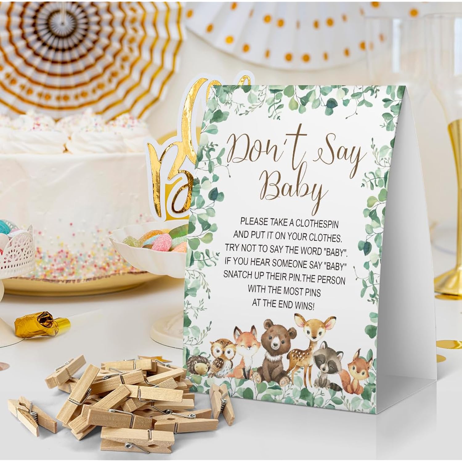 Don'T Say Baby Baby Shower Game, Woodland Baby Shower Decoration, Animals Don'T Say Baby Sign, Fun Baby Shower Games, Clothespins For Baby Shower-Dsba23