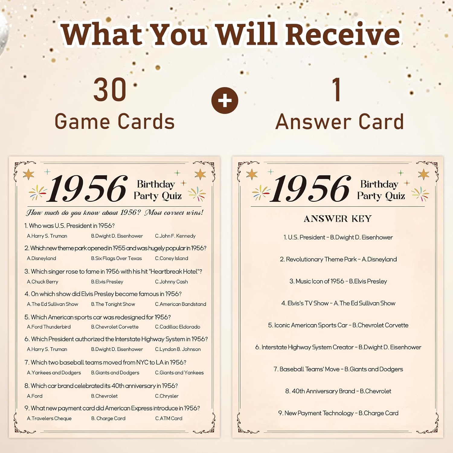 70Th Birthday Party Games, 1956 Quiz & Guess The Price Game Cards, 70Th Birthday Party Supplies For Men Women, Pack Of 30 Cards