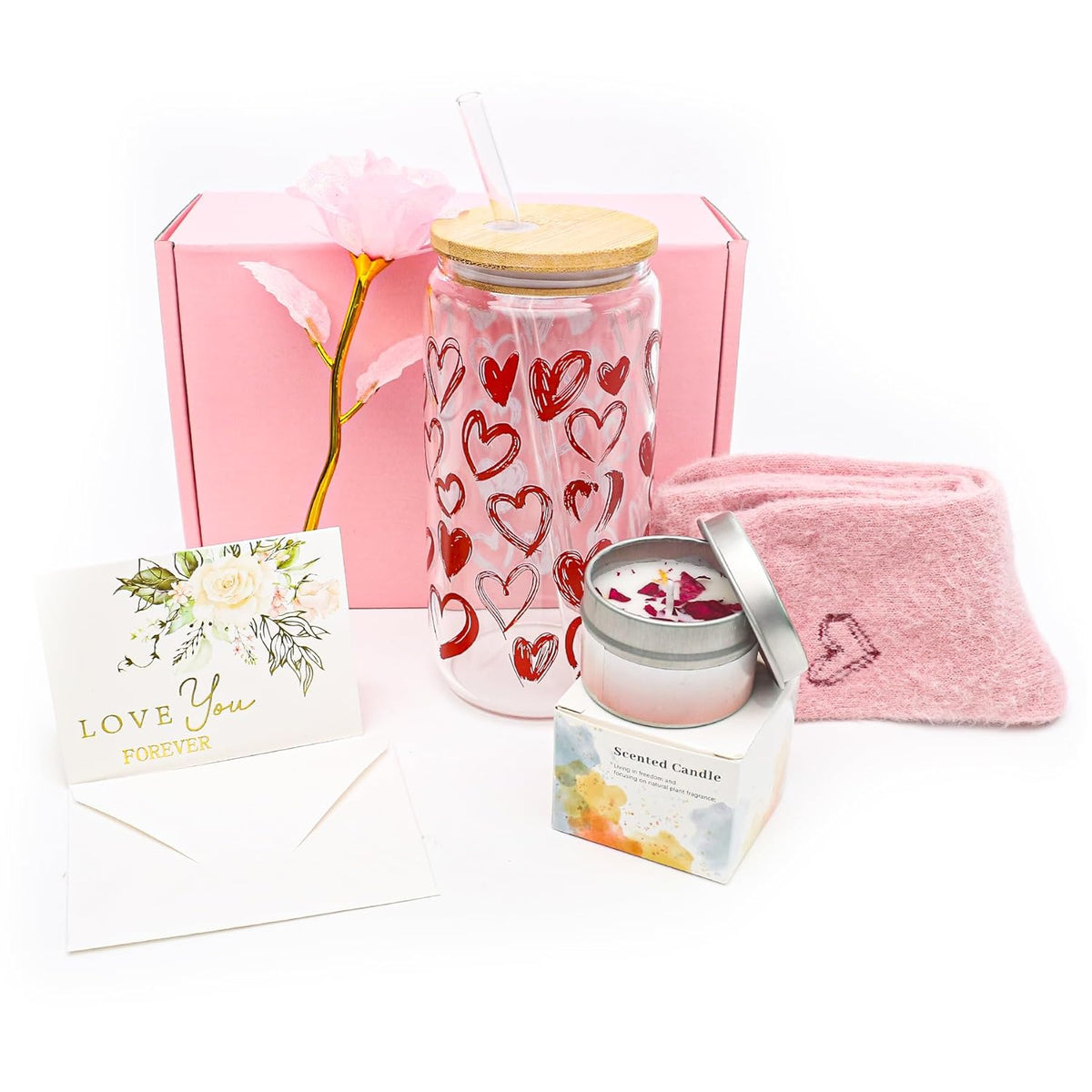 Valentines Day Gifts For Her 6 Pcs Romantic Set With 16 Oz Glass Warm Socks Scented Candles Fake Rose Love Card And Envelopes Flowers Gift For Girlfriend Wife Or Wom Valentines Day Gifts