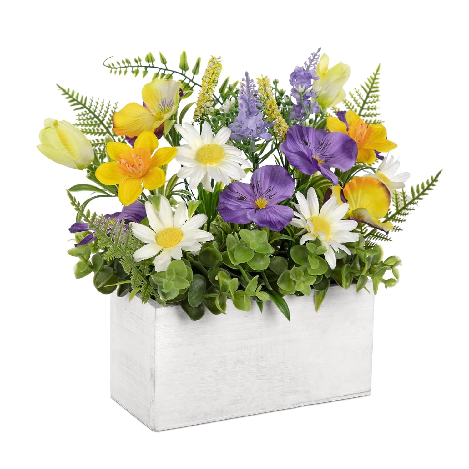 Table Floral Arrangement Centerpiece, Faux Flowers In Wooden Vase, Silk Flowers For Home Decor Indoor, Spring Summer Flower Farmhouse Table For Living Room Dining Coffee Table Shelf Decor