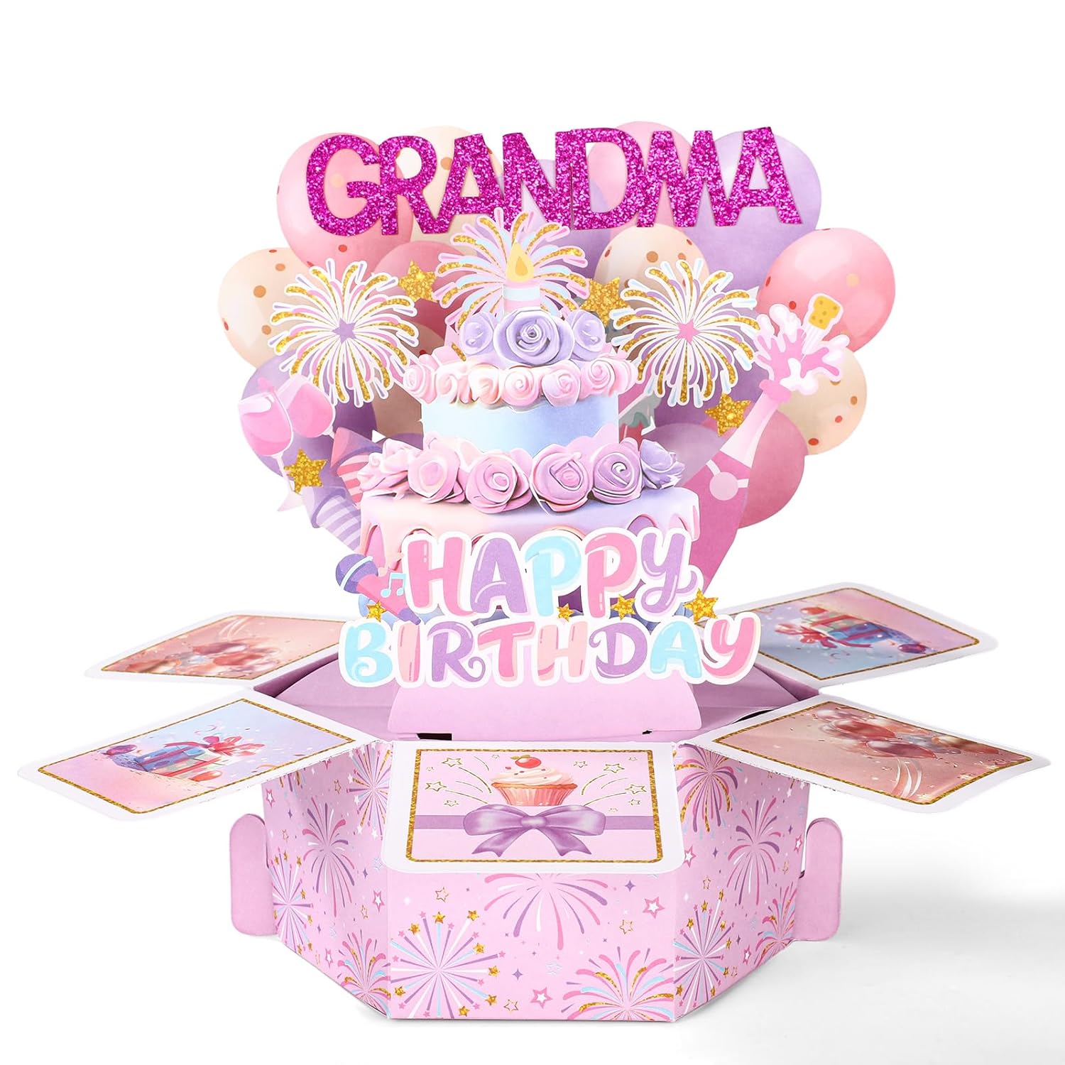 Happy Birthday Grandma Pop Up Card, 3D Creative Greeting Box With Envelope & Extra Note Card Ideal Birthday Decoration Gift Supplies For Granny Nana