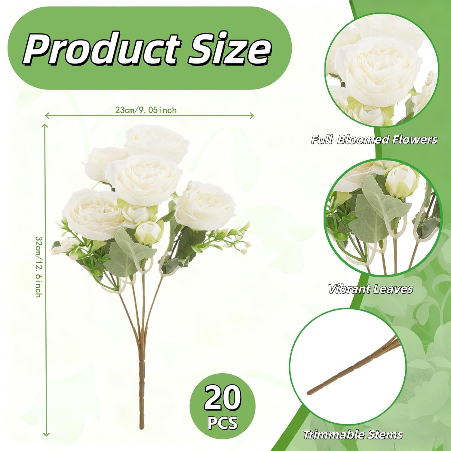 20 Pack White Faux Flowers Peonies, Fake Peonies Silk Flowers With Stems For Wedding Centerpieces Bridal Shower Home Table Decorations
