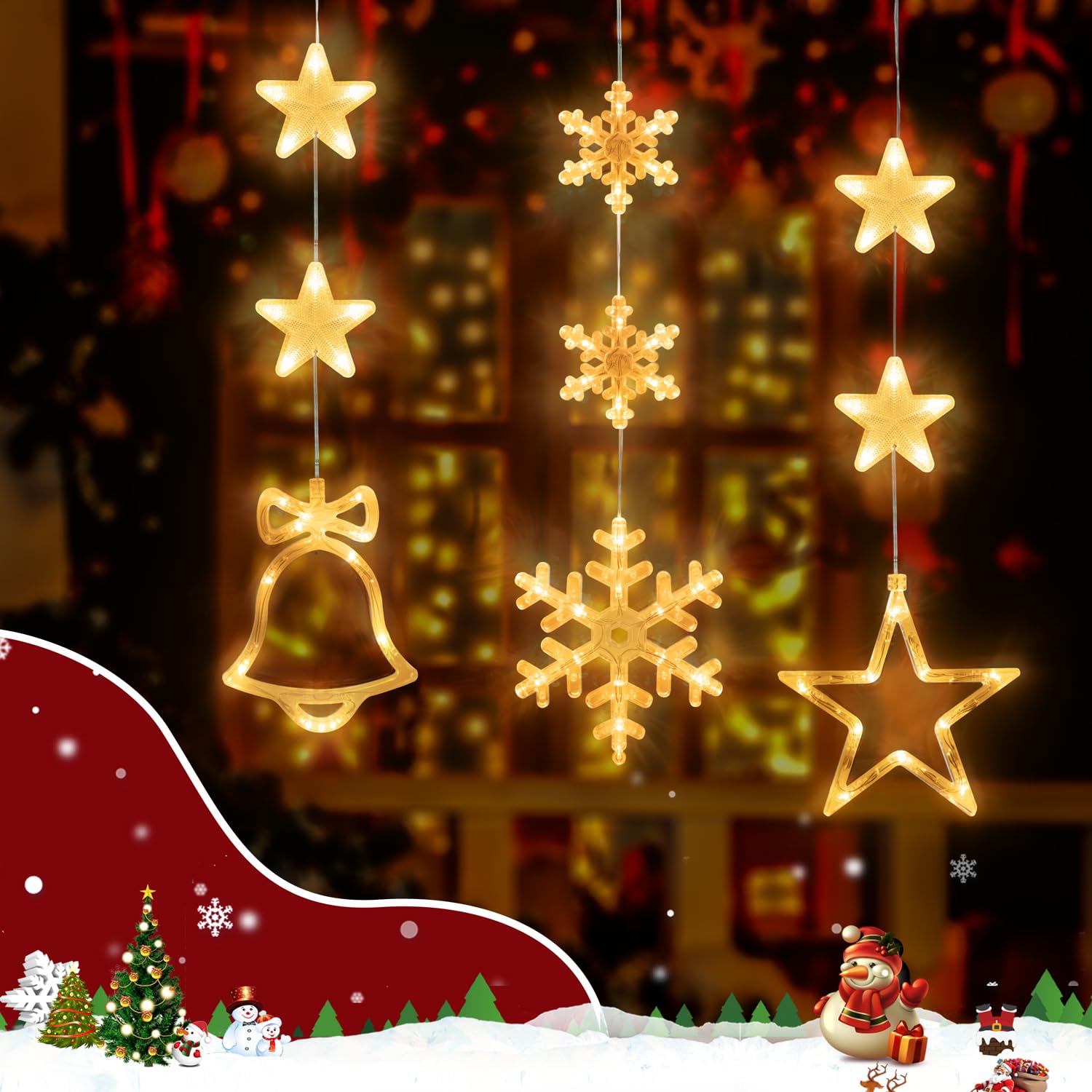 Christmas Window Lights Decorations Battery Operated With Suction Cup Couple, 3 Pack Snowflakes Bells And Stars Christma