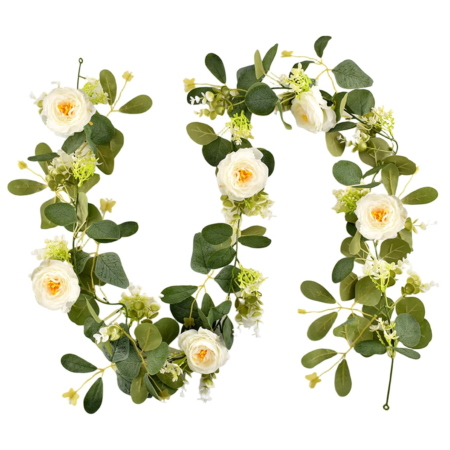 6Ft Artificial Eucalyptus Flower Garland,Flower Garlands With 6 White Roses,Eucalyptus Garland With Flowers Use For Wedding/Table/Backdrop/Arch Birthday Party Indoor Outdoor Decor