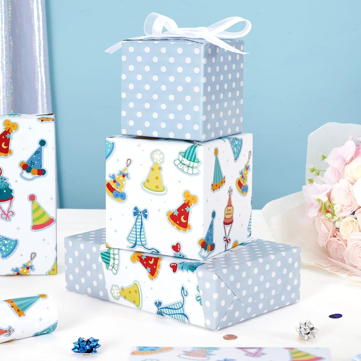 Birthday Hat Wrapping Paper Roll - 1 Roll 17”X 33 Ft Baby Shower Wrapping Paper Happy Birthday Baby Blue Gift Packaging Supply For Kids Party Decor Favor, Reversible