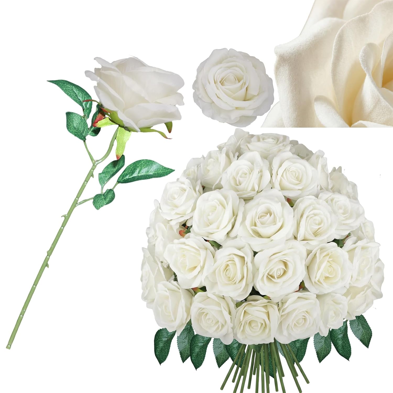 25Pcs Real Touch Fake Roses 4 Inches Velvet Faux Roses Realistic Artificial Flowers Silk Roses With Stems Bouquet For Wedding Decor Decorations Table Decor Centerpieces(Cream White)