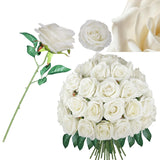 25Pcs Real Touch Fake Roses 4 Inches Velvet Faux Roses Realistic Artificial Flowers Silk Roses With Stems Bouquet For Wedding Decor Decorations Table Decor Centerpieces(Cream White)