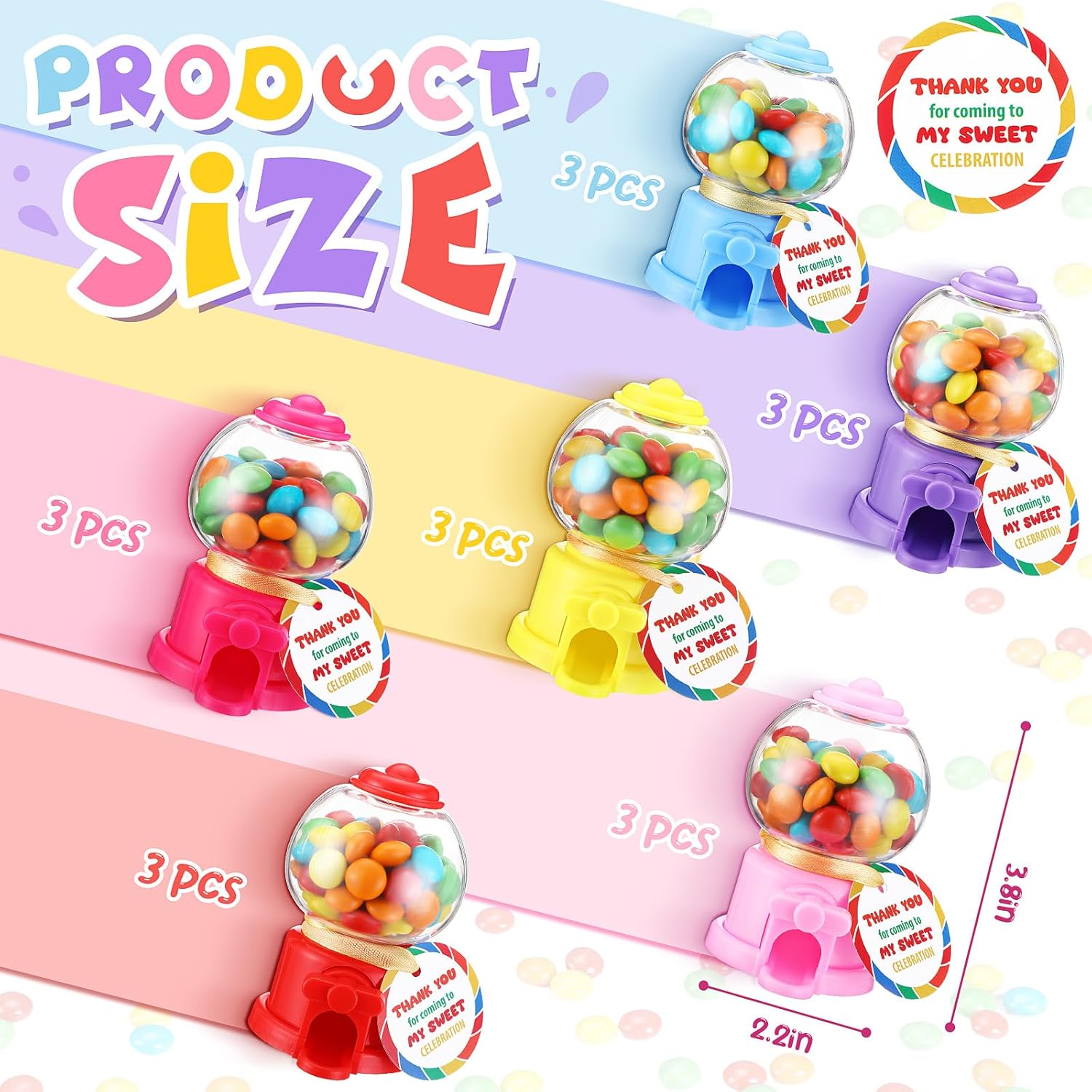 18 Sets Candy Party Favors With 3.8 Inch Mini Candy Dispenser Toy Thank You Cards Mini Bubble Gumball Machines For Land Birthday Valentine'S Day Party Decorations Favors