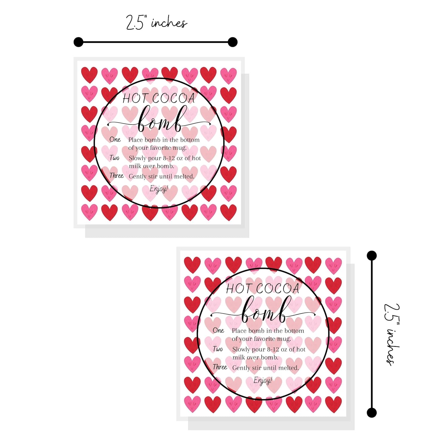 Hot Cocoa Bomb Instruction Cards | 30 Pack | Hot Cocoa Bomb Supplies | White Card With Valentine Design (Square With Hearts)