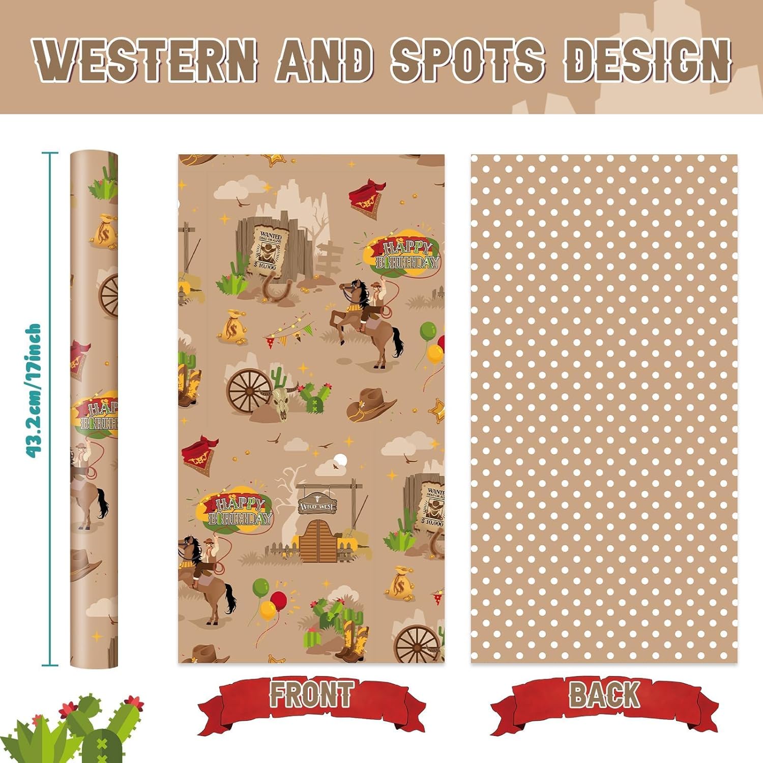 Cowboy Wrapping Paper - 1 Roll 17” X 16.4Ft Western Birthday Gift Wrap Men Boys Birthday Wrapping Paper Brown Cowboy Gift Packing Decoration Reversible Polka Dot Design