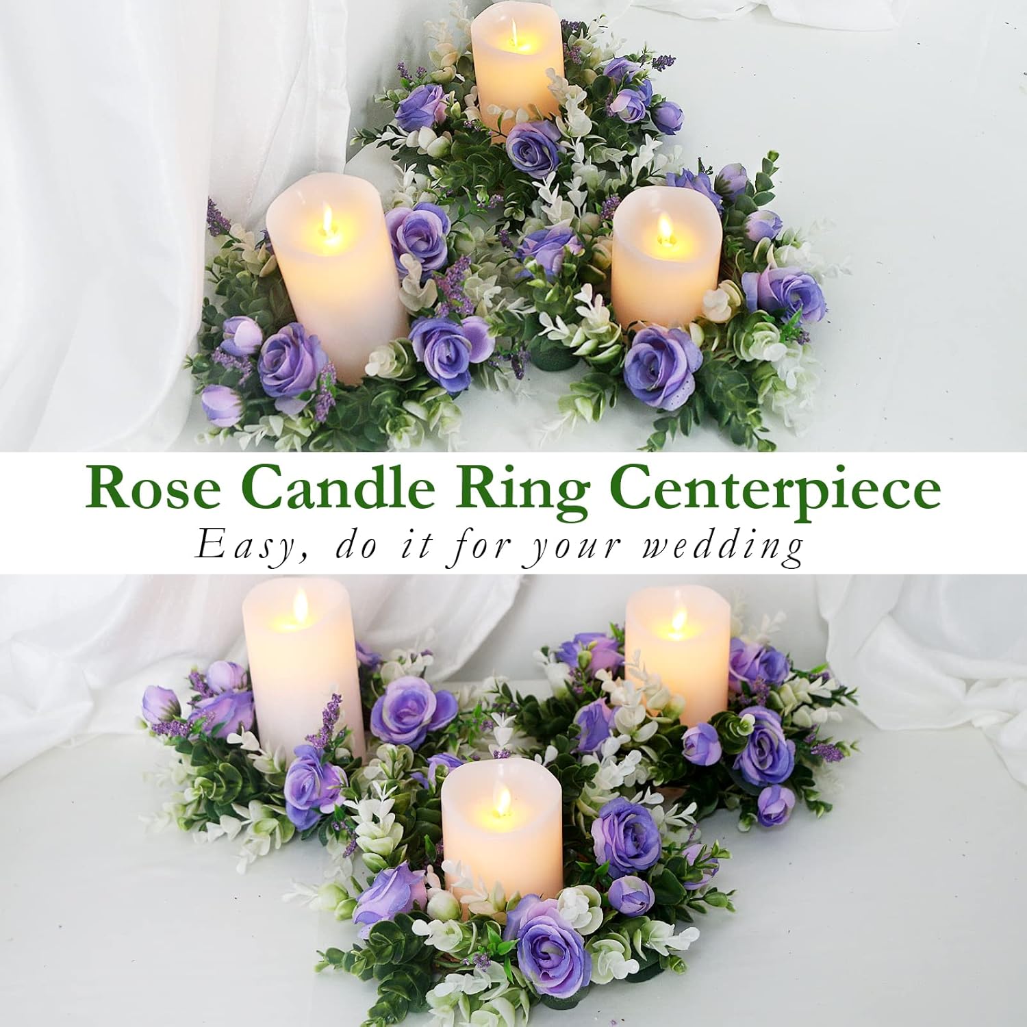 4 Pcs Purple Rose Candle Rings - Artificial Floral Wreaths With Eucalyptus Leaves Greenery Flower Wreaths For Pillar Farmhouse Wedding Centerpiece Party Home Decor