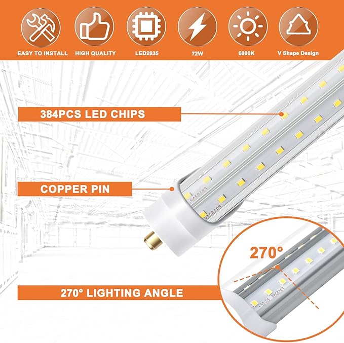 12 Pack 8FT LED Bulbs 72W 10000LM 6000K V Shape FA8 Shop Light Fluorescent Replacement