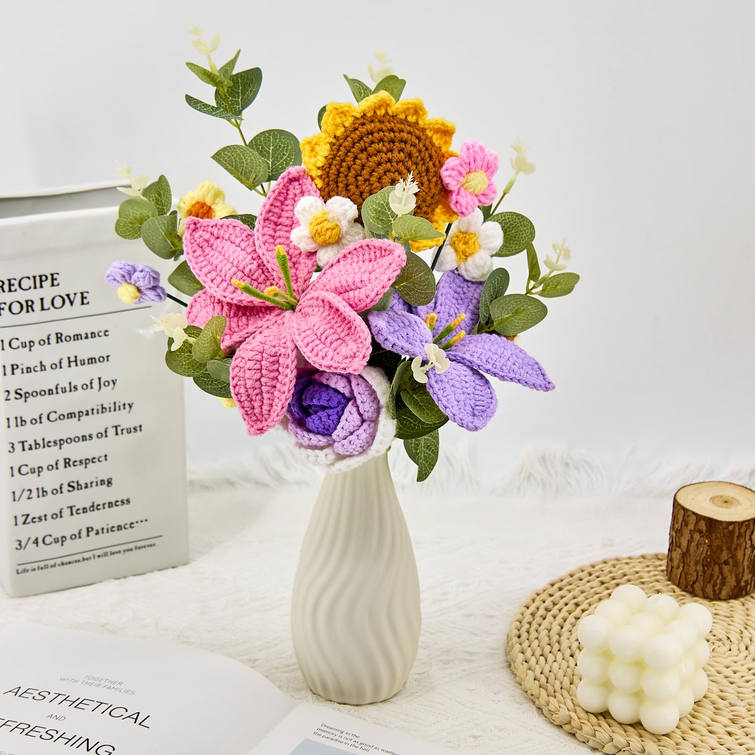 Crochet Flowers, Crochet Flower Bouquet With 14 Crochet Flowers Of Sunflower, Roses, Purple Lily Bouquet,Gifts For Birthday,Graduation,Thanksgiving,Get Well,Valentine'S Day(Include Card)