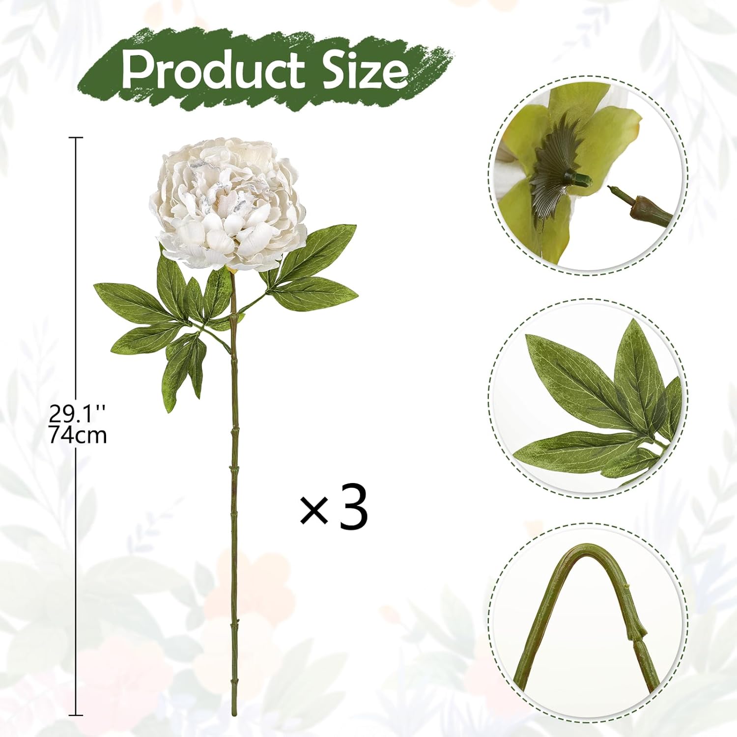 3Pcs White Peony Artificial Flower Stems 29.1In Long Stem Fake Peonies Silk Floral Arrangement Real Touch Peony Flower For Christmas Home Vase Party Wedding Bouquet Decor